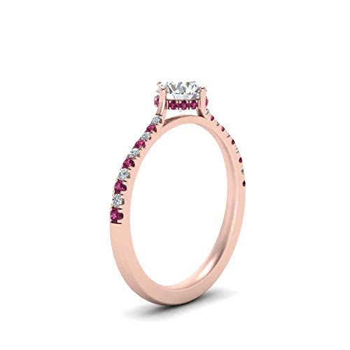 Image of Choose Your Gemstone Compass Point Under Halo Round Engagement Ring Rose Gold Plated Round Shape Side Stone Engagement Rings Lightweight Office Wear Everyday Gift Jewelry US Size 4 to 12