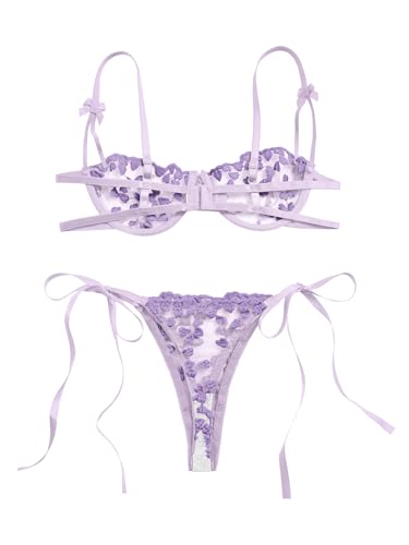 Image of Lilosy Sexy Tie Side Cute Underwire Push Up Strappy Embroidered Mesh Sheer Lingerie Set
