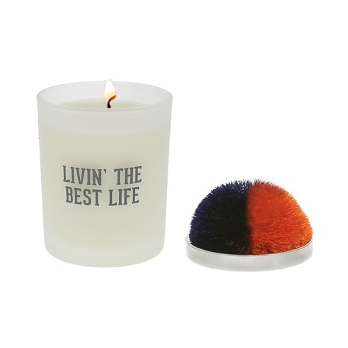Pavilion Gift Company - Livin' The Best Life - 5.5 oz Glass Frosted White Glass Single Wick 100% Soy Floral Tranquility Scented Wax - Navy Blue & Orange Pom Pom Lid - Sports Lover Fan Enthusiast