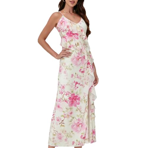 Image of Women's Spaghetti Strap Ruffle Side Split Long Dress Bodycon Beach Maxi Dresses