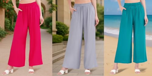 Image of Buy That Trendz Palazzo Pants for Women Rayon Elasticated Regular Fit Flared Wide Leg M to 6XL Pack of 3