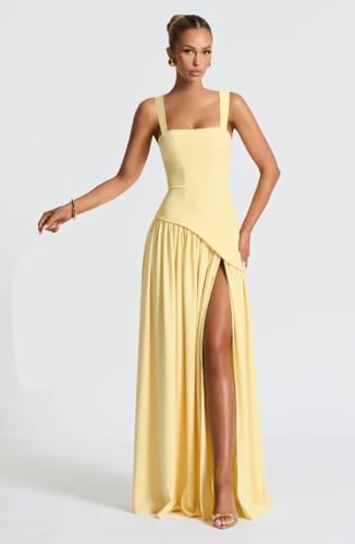 Women's Satin Bridesmaid Dresses with Slit Square Neack Long Formal Evening Gown Corset Prom Dress2