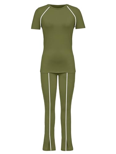 Image of STOLKISS Women 2 Piece Outfits Summer Workout Sweatsuit Striped Short Sleeve Long Flare Pants Casual Travel Tracksuit