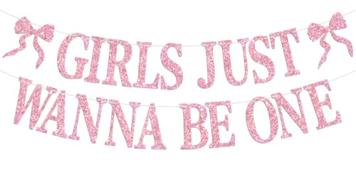 Girls Just Wanna Be One Banner Girls 1st Birthday Party Decor Sweet One Pink Bow Theme Babys 1st Birthday Baby Shower Party Decorations Supplies Pink Glitter
