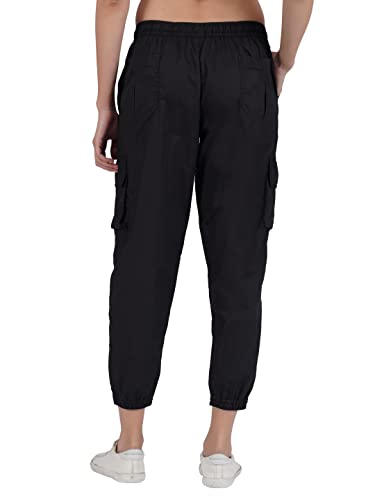 Image of fabcoast Multi-Pocket Cargo Cotton Poplin Jogger Pants for Women Summer Wear Full Elastic with Drawstring and 2 Side Pockets, 2 Back Pockets and 2 Leg Pockets