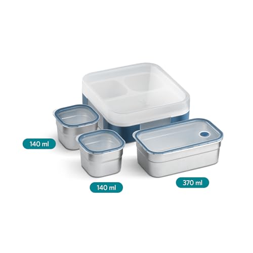 Image of VAYA TYFFYN 1000ml Insulated Lunch Box for Office Men with 3 Stainless Steel Containers and VAYA Tydbyt 650ml Kids Lunch Box with 3 Compartments, Leakproof Bento Style, Blue Combo