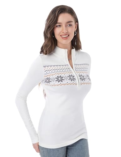 AmélieBoutik Women Fair Isle Quarter Zip Pullover Sweaters Long Sleeve Collared Fitted Knit Tops