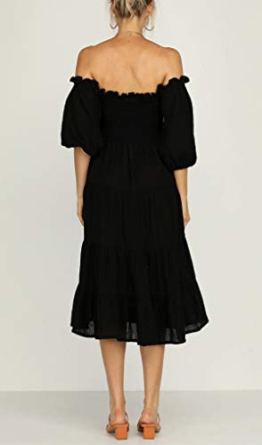 Image of R.Vivimos Women's Summer Cotton Lantern Sleeves Ruffled Off Shoulder A-Line Midi Dresses