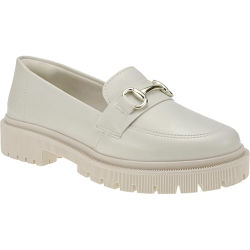 Mocassim Tratorado Feminino Bico Redondo com Enfeite Corrente ABS 026-005 (Off White, BR, Adulto, Numérico, 36)