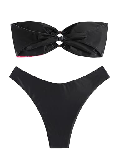 Image of ZAFUL Women's Bandeau Bikini O Ring Strapless Tie Back High Cut Two Piece Swimsuit Bathing Suits