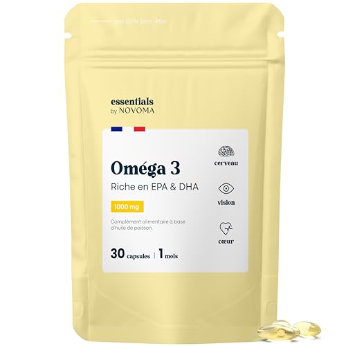 Omega 3 Huile de Poisson 1000mg, Pure et Concentrée, Oméga 3 EPA DHA, Santé du Coeur & Vision, Cure de 1 mois, Fabriqué en France, Essentials by Novoma