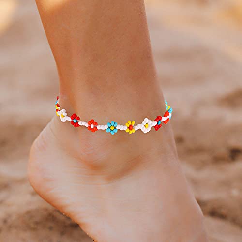 Image of Beaded Anklets for Women Boho Cute Daisy Flower Bead Ankle Bracelets Handmade Waterproof Surfer Anklet Summer Beach Foot Jewelry for Women