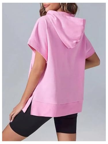 Verdusa Women's Oversized Half Zip Hoodies Short Sleeve Casual Sweater Hoodie Pullover Tops with Pockets2