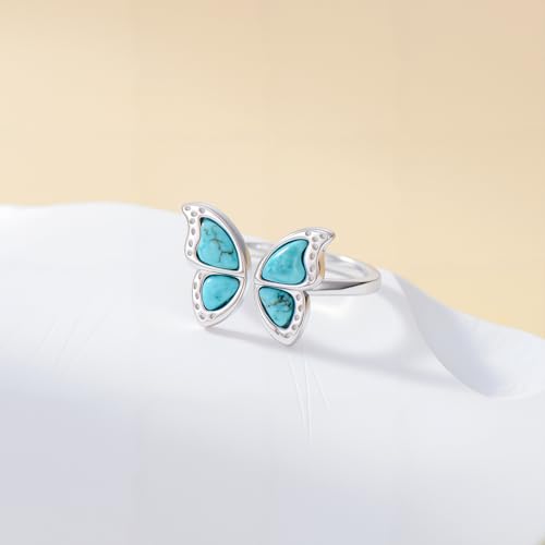 Butterfly Ring for Women 925 Sterling Silver Natural Turquoise Butterfly Ring Victorian Style Western Promise Statement Ring Turquoise Vintage Adjustable Jewelry Gifts for Mom Wife3