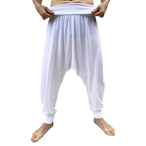 Photo de SAVARI | Pantalon de Sarouel | Modèle Relax | Printemps et Automne | avec Poches | Tir Bas | Taille et Jambes Larges | Pantalons pour la Maison, Yoga, Pilates et Fitness | Unisexe | Blanc | Taille L