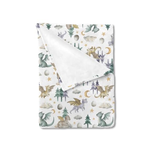Image of HawSkgFub Cute Dragon Fairy Tale Baby Blanket Boy Shower Gift, Cloud Moon Star Egg Pine Tree Flannel Fleece Nursery Bed Receiving Swaddle, Soft Lightweight Newborn Infant Toddler Crib Bedding 30 x 40