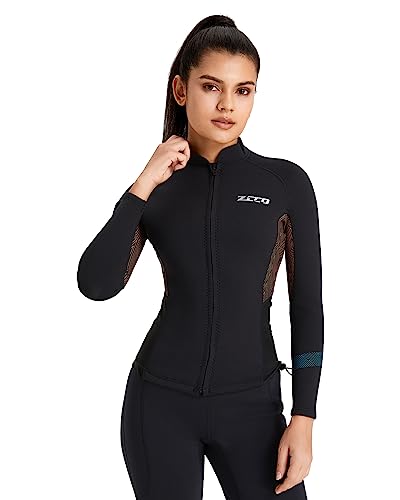 Chaqueta de neopreno para mujer y hombre Skyone, camiseta de buceo tipo top con cremallera frontal, manga larga, 1.5MM, con spandex en sisa y cintura lateral para surf y paddle surf miniatura 5