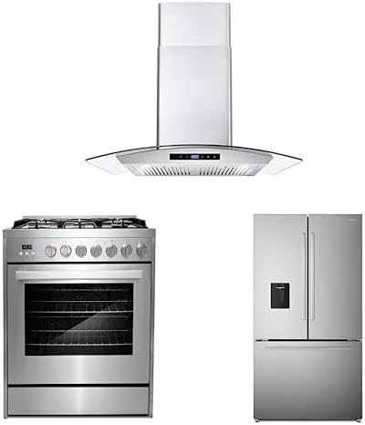 Cosmo 3-Piece, 36" Gas Range 30" Wall mount range hood & French Door Refrigerator
