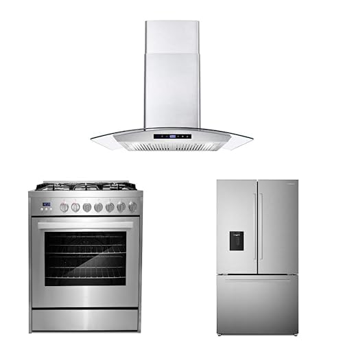 Cosmo 3-Piece, 36" Gas Range 30" Wall mount range hood & French Door Refrigerator