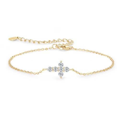WOAINI Sterling Silver Adjustable Bracelet with Cross Pendant, Tiny Cross Bracelets for Women Prong-set with Moissanite, Elegant Christian Jewelry Gift, 6.5