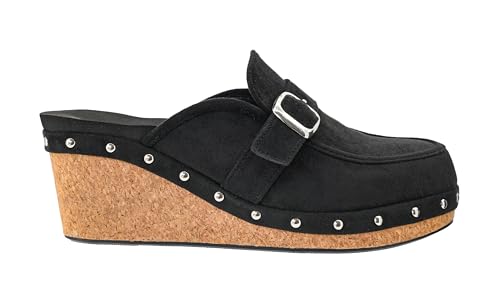Corkys Footwear Just Precious 2.5-Inch Heel Wedges Black, Memory Foam Insoles, Slip-On Design, Chic Buckle & Stud Accents, Closed-Toe2