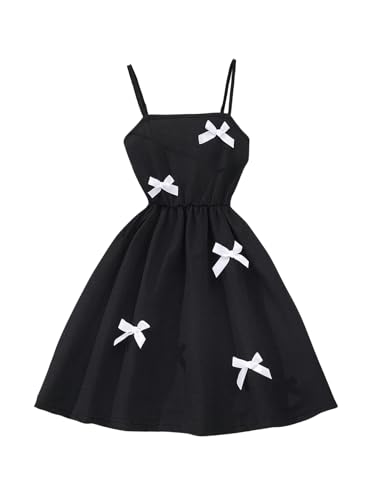 OYOANGLE Girl's Bow Knot Spaghetti Straps Cami Dress High Waist Flared A Line Dresses