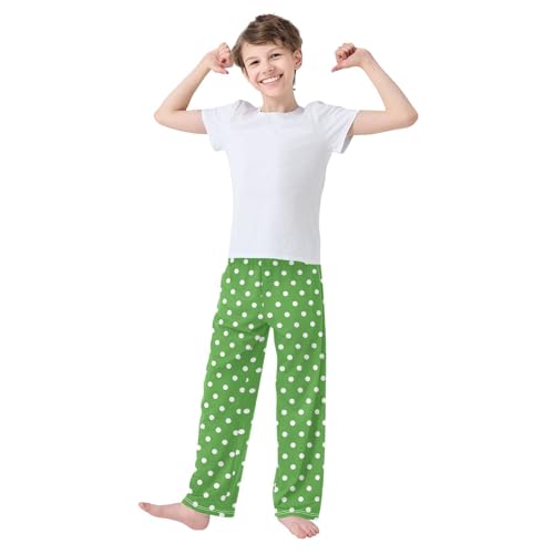ZZXXB Green and White Polka Dot Boys Long Pants Soft Trousers Elastic Waist Kids Lounge Bottoms with Pockets S-XL2