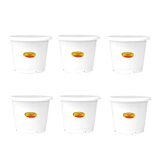 Image of Synergy Plast Plastic Round Shape Flower Pots 6 Pcs, 10 Inch Heavy Duty Plant Containers /Planter /Gamla /Plant Pot for Gardening, Balcony, Terrace, Home Decor Indoor & Outdoor Planting (White)