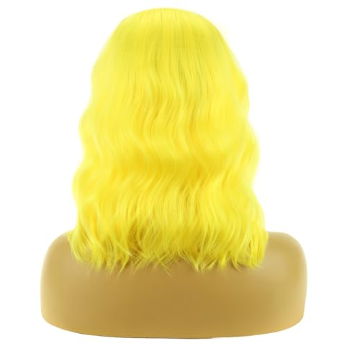 Image of BERON Yellow Wigs for Womens Short Curly Wavy Wig Girls Yellow Colored Side Part Wigs Shoulder Length Heat Resistant Synthetic Cosplay Party or Daily Use Wig