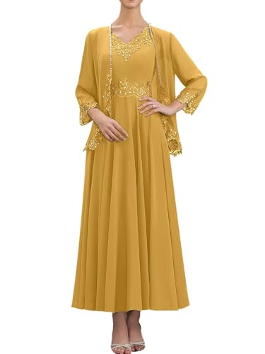 2 Piece Mother of The Bride Dresses with Jacket 3/4 Sleeve Chiffon Lace Sequin Evening Dresses for Women Wedding Guest