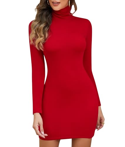 SHAPERIN Damen Strickkleid Rollkragen Langarm Elegant Pulloverkleid Eng Kleider Strickpullover Minikleid für Herbst Winter Rot M