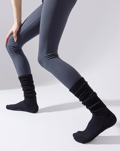 Image of Yawlsow Pilates Socks with Grips for Women Yoga Ruffle Grippy Non Slip Long Slouchy Scrunch Socks for Barre Workout Hospital