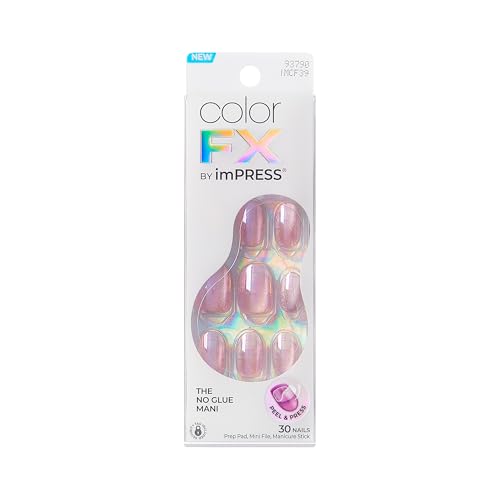 Kiss colorFX by Impress Press On Nails Starry 30 No Glue Peel and Stick Nails Kit with IMPROVED Adhesive Light Pink Short Oval Pearlescent Effect Includes Prep Pad Manicure Stick & Mini File