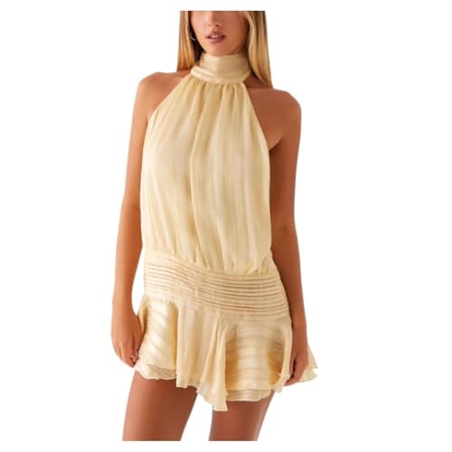 Image of Women's Halter Ruffles Mini Dresses Sexy Backless Wrapped Waist Lace Up Dress Fashion Vacation Beach Party Skirt