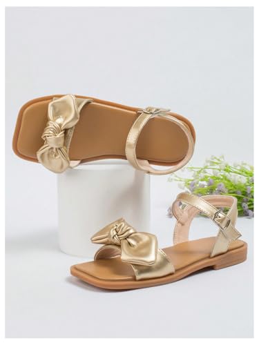 GORGLITTER Girl's Cute Bow Sandals Merallic Open Toe Ankle Strap Slip on Flat Sandals Summer Vacation Shoes4