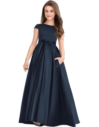 Princess Long Lace Satin Junior Bridesmaid Dress Flower Girl Dress - Main Image