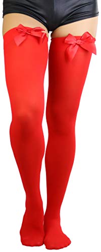 Image of ToBeInStyle Women's Opaque Long Thigh High Stockings w /Decorative Front Satin Bow
