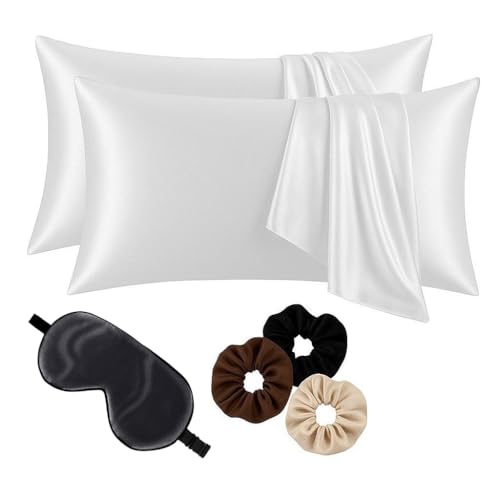Image of Premium Satin Pillowcase Set of 2 with Eye Mask & 3 Scrunchies | Silky Soft, Anti-Frizz, Skin & Hair Care Sleep Set | Luxury Gift Combo for Women & Girls (White)