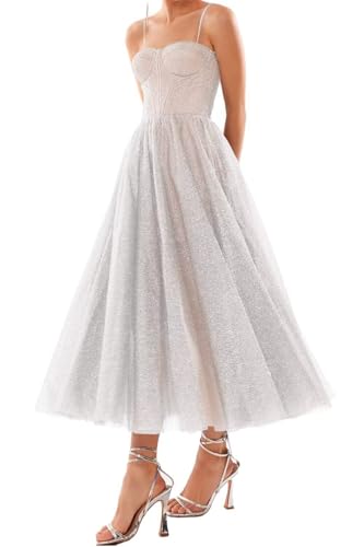 Cudiew Glitter Tulle Prom Dress Tea Length for Women A Line Sparkly Formal Evening Party Gowns