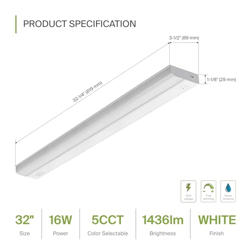 Image of ASD LED Under Cabinet Lighting Hardwired, 32 Inch 16W 2700K-5000K Selectable, 1436LM, CRI90+, Direct Wire Linkable Under Counter Lights for Kitchen, Dimmable Under Cabinet Lights, White, UL Certified