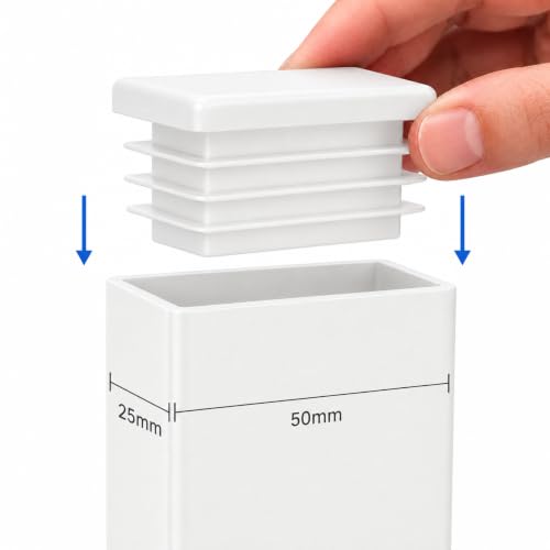 Image of (Pack of 20) Rectangular Plastic Plugs 63 /64 inch x 1-31 /32 inch (25 x 50 mm), Matt Tube Inserts, Fence Post Caps, Pure White RAL 9010