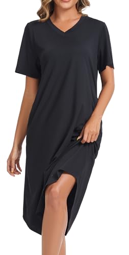 Image of Kabento Nightgowns for Women Cotton Short Sleeve Long Night Gowns with Pockets