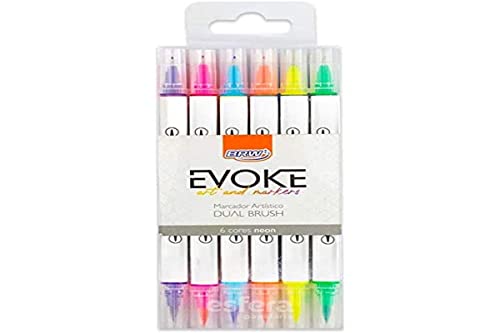 Marcador Artístico Evoke Dual Brush Pen Neon Blister com 6 Cores, BRW