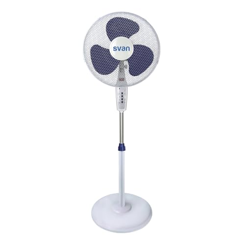 SVAN Ventilador de Pie Blanco y Azul, 16', 40W, SVP401600MOBA. 3 Velocidades, Temporizador de 450 min, 3 Aspas, Mando a Distancia, Soporte Base Redonda