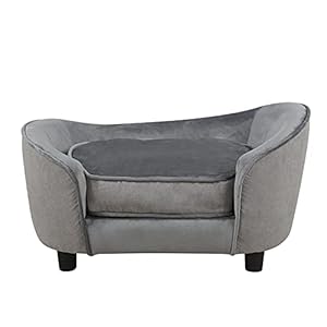 Sofá cama para mascotas, sofá con marco de madera de terciopelo con patas de plástico para perros pequeños y gatos (26.2 x 16 x 14 pulgadas) (gris)