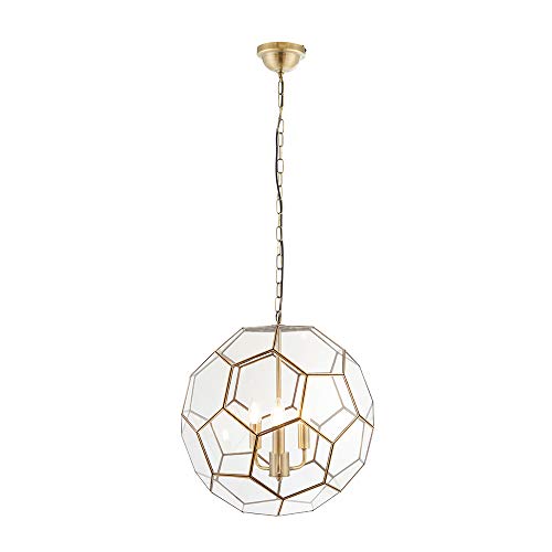 Image of ELKIE Decorative Hexagonal Glass Panels Globe Spherical Pendant Light with Antique Brass Trim 3 Arm Indoor Ceiling Lamp 470mm