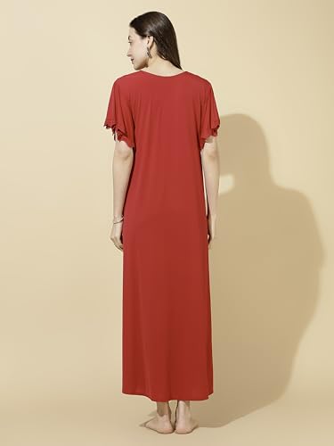 Image of 9shines Label Stylish Soft Modal Maxi Nighty | Honeymoon Nighty | Full Length Trendy Nightgown | V-Neck Lace | Premium Nightdress | Soft Long Nightdress | Maxi Gown Nightwear for Women (Malai Satin)