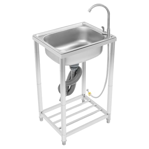 Lavello in Acciaio Inox Autoportante 50 x 40 x 82 cm Lavello e Set di Scarico –rubinetto, Lavello 1 Vasca lavandino da cucina indipendente per Cucina, Ristorazione, Giardino e Esterni