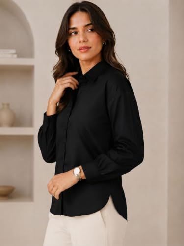 Image of OOMPH! Women's Cotton Solid Relaxed Fit Formal Shirt | Full Sleeve Drop Shoulder Button-Down Office Shirt | Spread Collar Workwear & Smart Casual Top