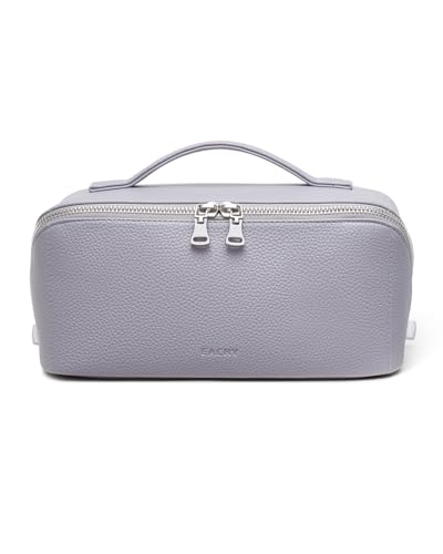 Image of EACHY Travel Makeup Bag, Lychee Large Capacity Cosmetic Bag for Women, Open Flat Toiletry Bag with TPU Brush Compartment, Waterproof Skincare Organizer Travel Essentials (AH-Misty Purple, Medium)